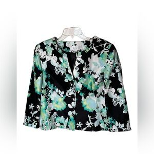 Le Suit Black Green Floral Collarless Long Sleeve Lined Jacket Blazer Size 14P